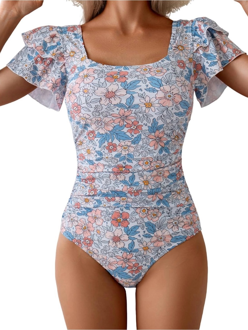 Floral Flutter-Sleeve One-Piece Swimsuit - Pink & Blue